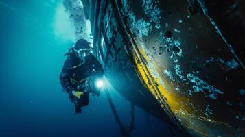 ai generado marina ingeniero operando rovs para submarino inspección de Embarcacion cáscara con cámaras y sensores foto