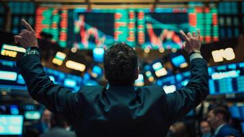 AI generated Stock exchange traders in action on busy trading floor with screens and graphs photo