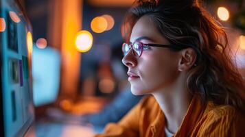 ai generado mujer computadora ingeniero observando móvil aplicación usuario comentario. foto