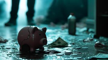 AI generated Exploding Piggy Bank with Bills and Chang man in the background financial loss photo