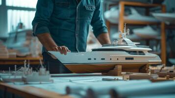 AI generated Shipyard workshop with marine engineer and naval architects designing ships photo