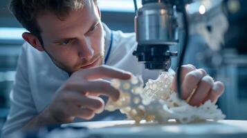 AI generated Materials Engineer Examining Surface Quality and Dimensional Accuracy 3D-Printed Component Inspection photo