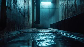 AI generated A wet alleyway with textured walls and a single light creating shadows and mist. photo