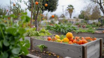 ai generado global calentamiento comunidad local comida jardín con vistoso maduro Tomates foto