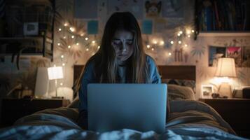ai generado acoso cibernético víctima Adolescente niña con ordenador portátil sentado solo en dormitorio a noche foto
