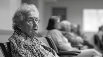 ai generado envejecimiento sociedad antiguo mujer sentado en un esperando habitación Espere para salud cuidado foto