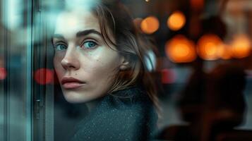 AI generated woman facing unemployment lost in thought against a window with city lights photo