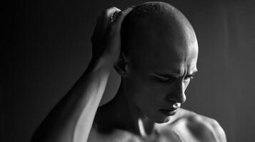 AI generated black and white men in deep thought hair loss in early adulthood photo