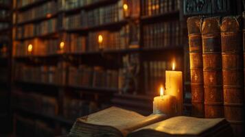 AI generated life long learning inside a library with ancient books candle warm light photo