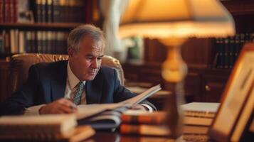 ai generado impuesto abogado revisando ley libros y legal documentos en oficina foto