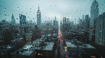 AI generated A rainy cityscape view from a wet window gray sky dark tone photo