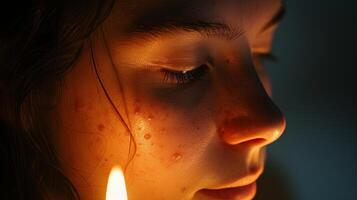 AI generated close up of woman pimpled face and soft glow candlelight imperfection beauty photo