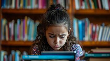 ai generado joven niña sentado en un biblioteca mirar fijamente a tableta con acoso cibernético mensaje foto