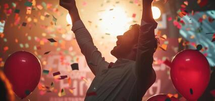 ai generado empresario celebrando financiero ganancias por lanzamiento dinero en el aire con papel picado y globos foto