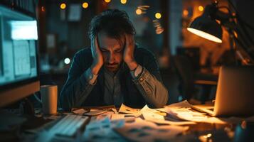 AI generated market downturns trader holding their head with financial documents and computer screens on desk photo