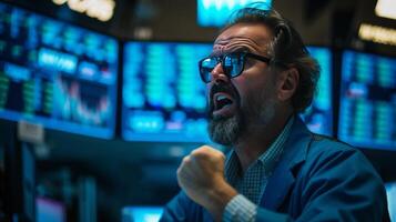 AI generated Anxious Trader on Chaotic Trading Floor with Screens photo