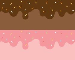 Set of ice cream toppings seamless upper border pattern. Including chocolate sauce and strawberry sauce with sprinkles. Flat vector illustration.