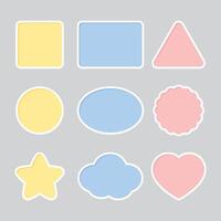 Blank cute pastel colored labels including square, rectangle, triangle, circle, ellipse, scalloped circle, star, cloud and heart shapes. Flat vector illustration.