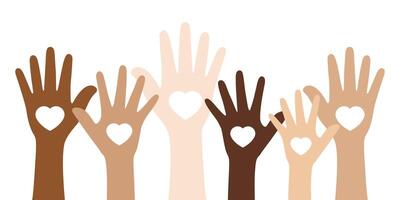 Flat vector illustration of people with different skin colors raising their hands. Unity concept.