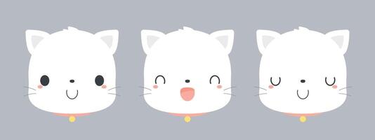 Set of cute white cat cartoon characters. Flat vector illustration.