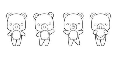 Set of cute bear cartoon outline drawing for children's coloring book. Kawaii vector illustration.