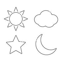 Set of weather element icons, including sun, cloud, star and moon. Line art design. vector