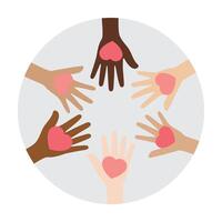 Flat vector illustration of people with different skin colors putting their hands together, holding pink heart, on grey circle background. Unity concept.