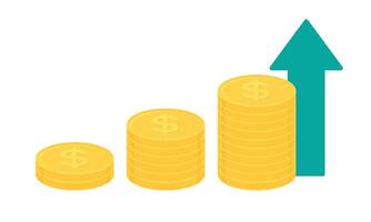 Stack of gold dollar coins with green upward pointing arrow. Business growth concept. Flat design vector illustration.