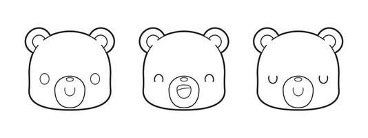 Set of cute bear cartoon outline drawing for children's coloring book. Kawaii vector illustration.