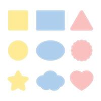 Blank cute pastel colored labels including square, rectangle, triangle, circle, ellipse, scalloped circle, star, cloud and heart shapes. Flat vector illustration.