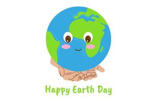 Earth Day cute funny character white background. Hands holding planet. Banner, Poster, Postcard Design. Vector. vector