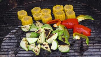 grillning grönsaker på en utomhus- utegrill. grönsaker är grillad på träkol. grönsaker är rostning på de grill video