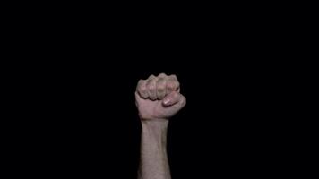 Hand in fist raised up. Man clenched his palm into fist and lifted it up. Sign of aggression, struggle, opposition. Black isolated background video