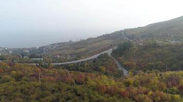 Top view of highway in autumn forest on hill. Shot. Panorama of town on coast near wooded hill. Coastal highway with bridge video