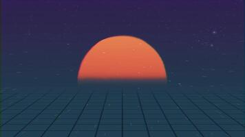 Retro futuristic Intro landscape. Flight over neon mesh with the setting sun and stars. Concept of retro animation video