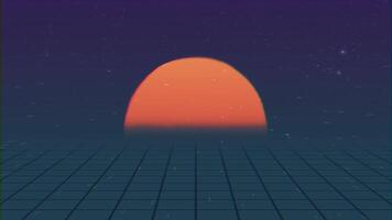 Retro futuristic Intro landscape. Flight over neon mesh with the setting sun and stars. Concept of retro animation video