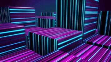 Cubes in neon lines. Abstract bright neon cubes. Abstract animation with moving cubic figures in space on dark background video