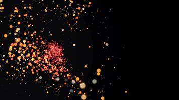 Transition of hot explosive particles. Abstract animation of flying particles from one source. Glowing glare in focus on black background video