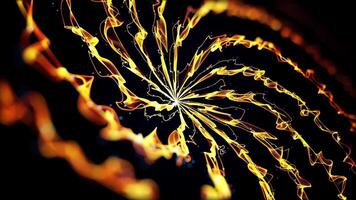 Formed beautiful bright fiery spiral on black background. Spiral with glowing yellow wavy lines appears and disappears in isolated space video