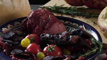 carne taglio su piatto con pomodori. scena. vicino su di piatto con squisito tagliare prosciutto e carne con pomodori. carne culinario piatto su sfondo di fresco erbe aromatiche e pane video