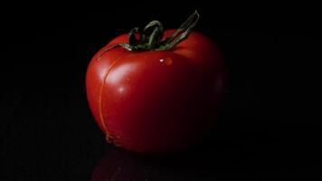 gotas de agua goteo desde encima maduro Tomates. marco. cerca arriba de un soltar de agua goteo desde un tomate video