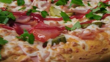 Italian fast food. Frame. Delicious hot pizza with ingredients, close up view video