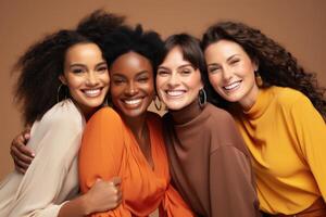 AI generated Group of multiracial females having fun against a brown background. AI Generated photo