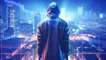 AI generated Hacker computer cybercriminal criminal with a jacket and a hood on the background of a big city at night. Concept computer data security video