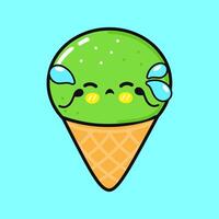 Cying Pistachio ice cream character. Vector hand drawn cartoon kawaii character illustration icon. Isolated on blue background. Sad Pistachio ice cream character concept