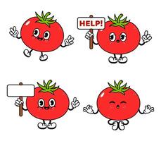 Funny cute Tomato characters bundle set. Vector hand drawn doodle style traditional cartoon vintage, retro character illustration icon design. Isolated white background. Happy Tomato