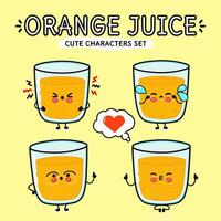 Funny cute happy Orange juice characters bundle set. Vector hand drawn doodle style cartoon character illustration icon design. Isolated on yellow background. Orange juice mascot character collection