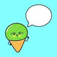 Pistachio ice cream with speech bubble. Vector hand drawn cartoon kawaii character illustration icon. Isolated on blue background. Pistachio ice cream character concept