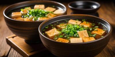 AI generated miso soup in a white bowl on the table. ai generated photo