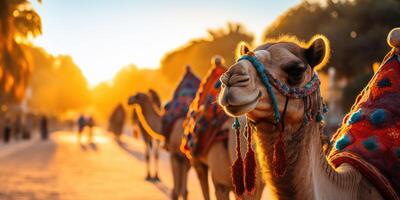 AI generated A caravan of camels rests in the desert against the backdrop of the red sea and high mountains. ai generated photo